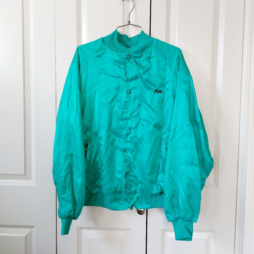 Aqua Nylon Bomber Jacket 50s style‎ with Embroidery "mom" "rokopoly" Large
